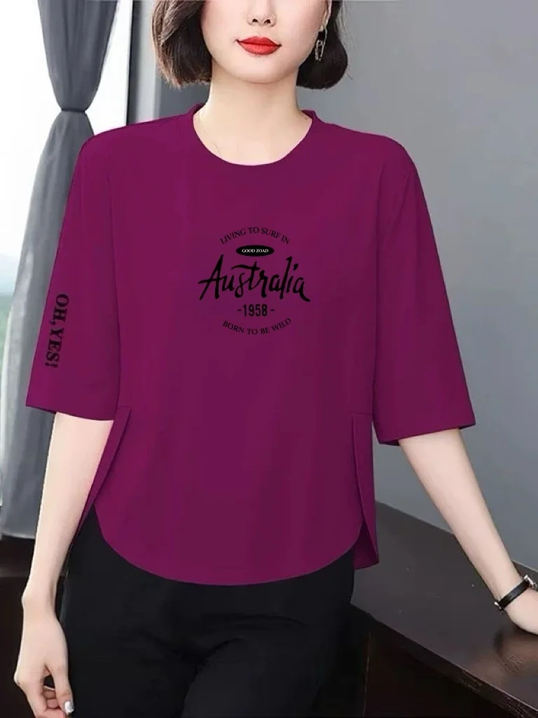 

Loose Fit Printed T-Shirt Women's 3/4 Sleeve Cover Belly Versatile Slimming Mom Fashion Top Breathable Polyester Fiber