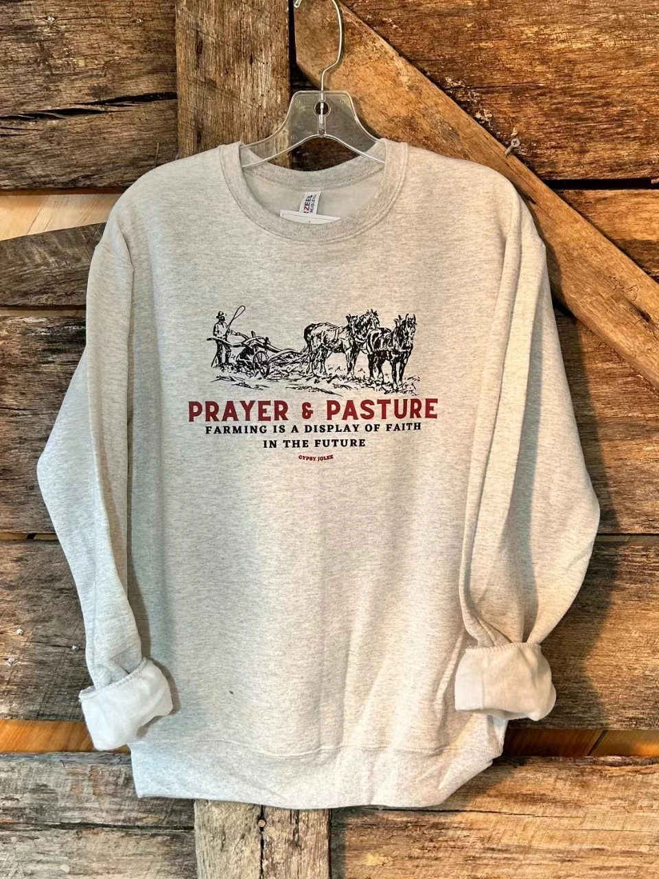 Prayer Pasture Farming Is A Display of Faith in The Future Slogan Women Sweatshirt Retro Farmer Who Leads A Horse To Work Tee