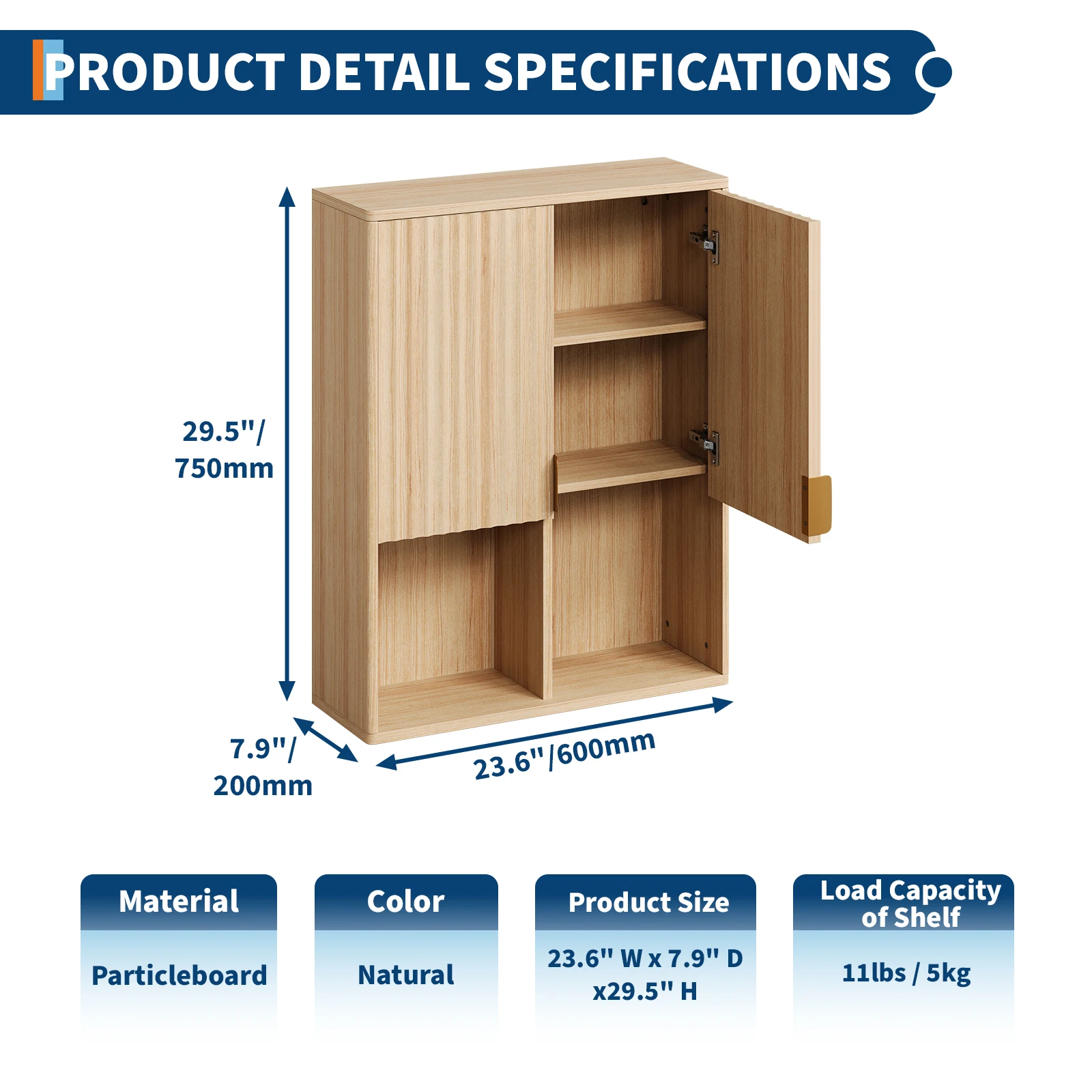 Wall Mounted Bathroom Cabinet, Natural Wood, Adjustable Shelf | Fluted Design, Aluminum Handle, Soft-Close Hinges, Over Toilet, Kitchen, Laundry