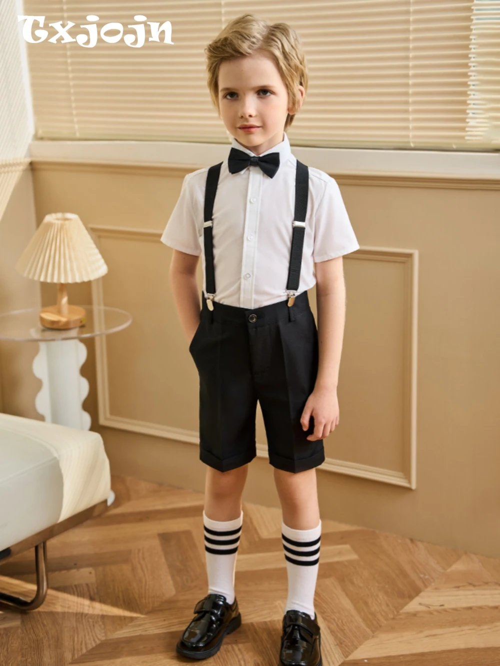 

Summer Breathable Boys Overalls Sets 4 Pieces Handsome Shirt Pants With Straps Bow-tie 4 Pieces School Performance Outfit