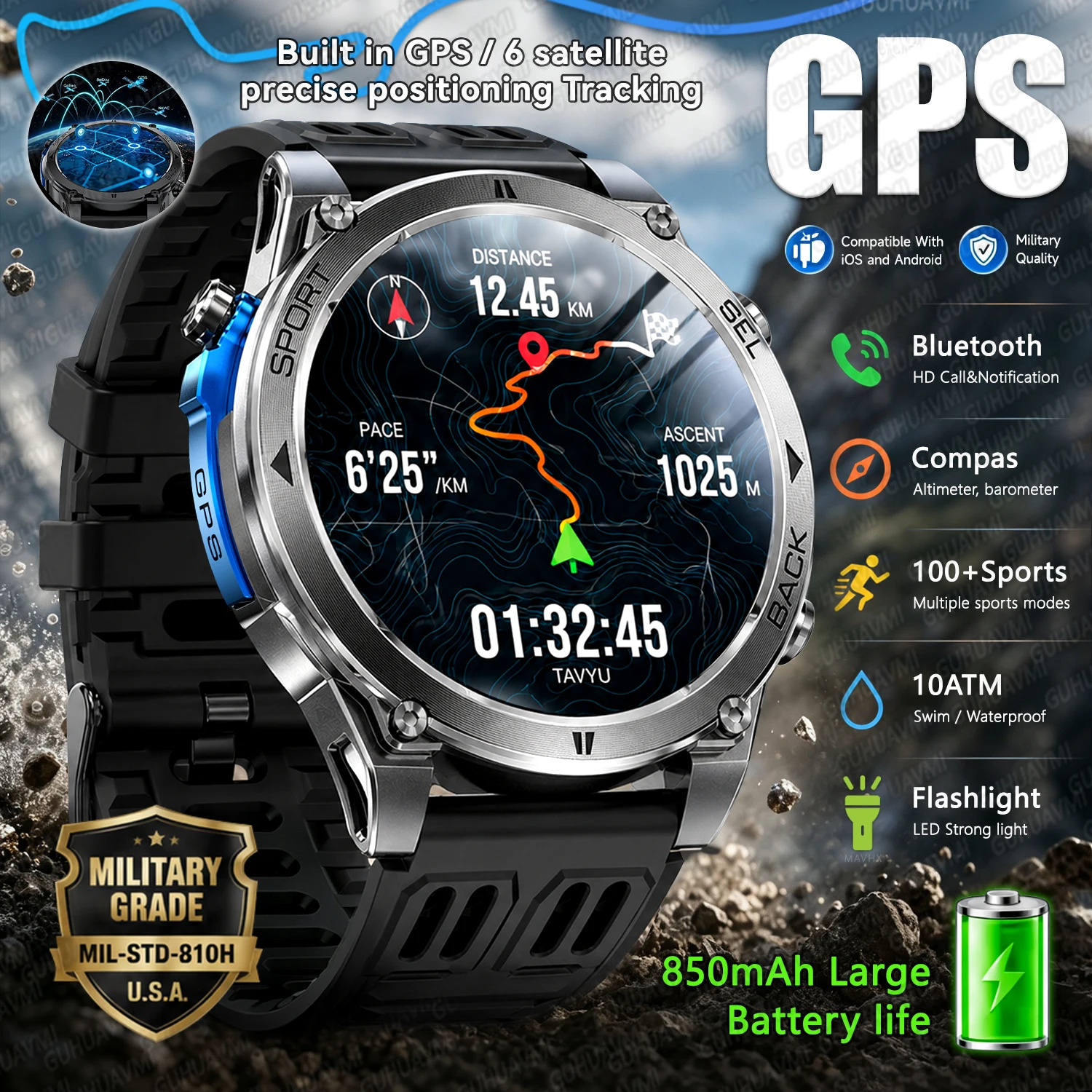 Smartwatch Military Watches For Men - GPS Nauwkeurige Positionering Militaire Kwaliteit 850mAh