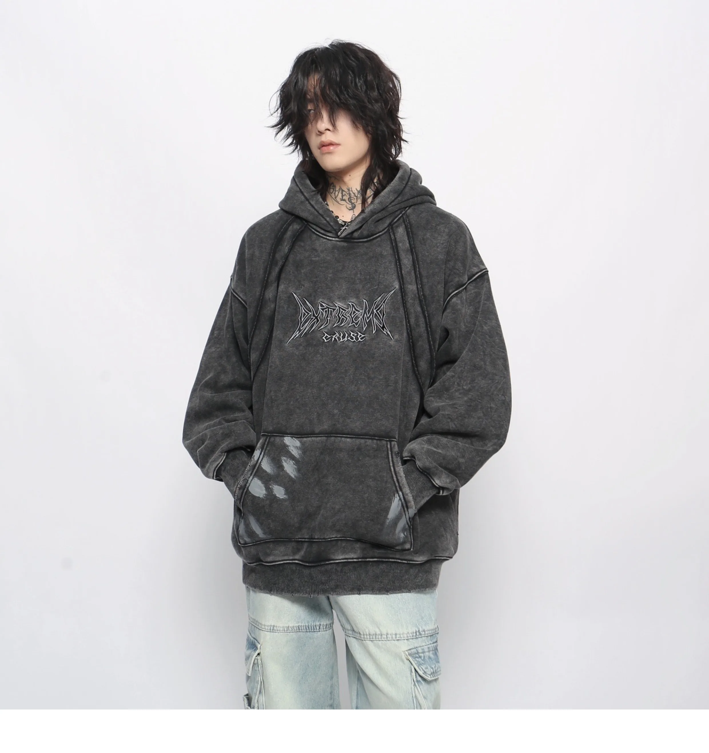 الربيع والخريف جديد الصناعة الثقيلة شارع العليا المطرزة المرقعة الصوف الأسود هوديي النمط الأمريكي الرجال خمر رمادي أعلى