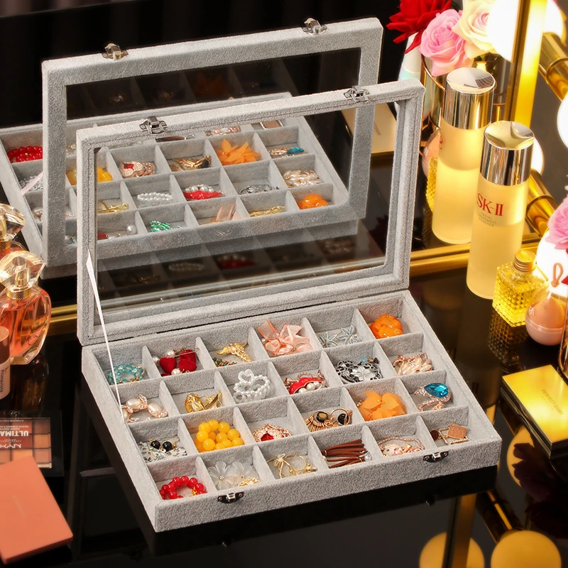 

Large Velvet Jewelry Box with 24 Compartments for Necklaces Pearls Bracelets Earrings - Soft Inner Padded Lid Accessories Organi