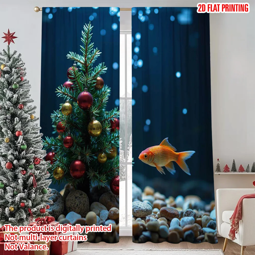 

2pcs 2D flat printing Christmas Drapes With colorful fish and holiday tree patterns Machine Washable Fabric Without Electricity