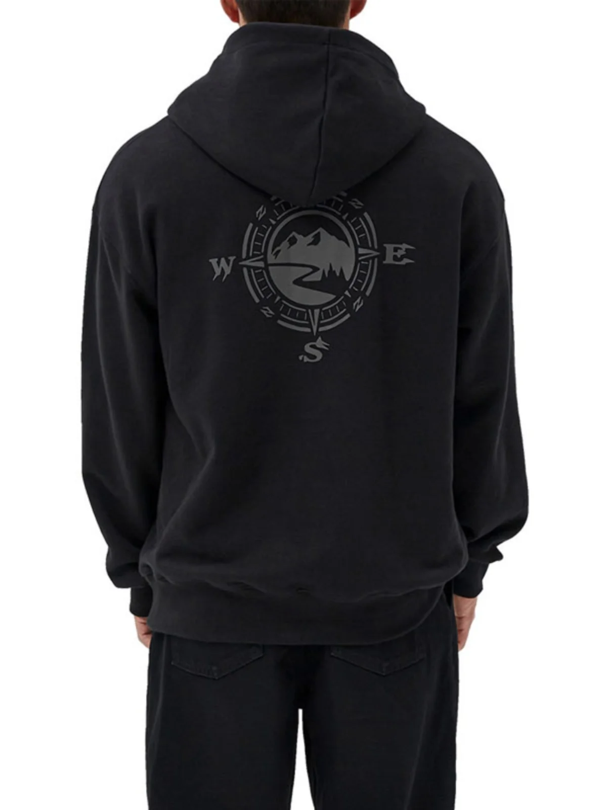 Fall New Men's Casual Hoodie Compass Pattern Thickened Fleece Korean Style Sportswear Loose Fit Overhead Sweatshirt