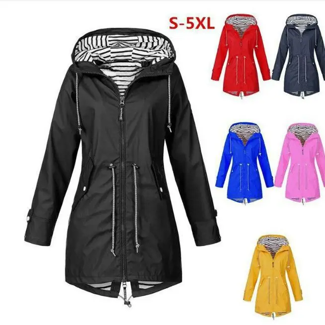 

plus Size Women's Striped Jaet Zipper Hooded Outdoor Rainproof Windbreaker Lightweight Polyester Fabric Spring Autumn