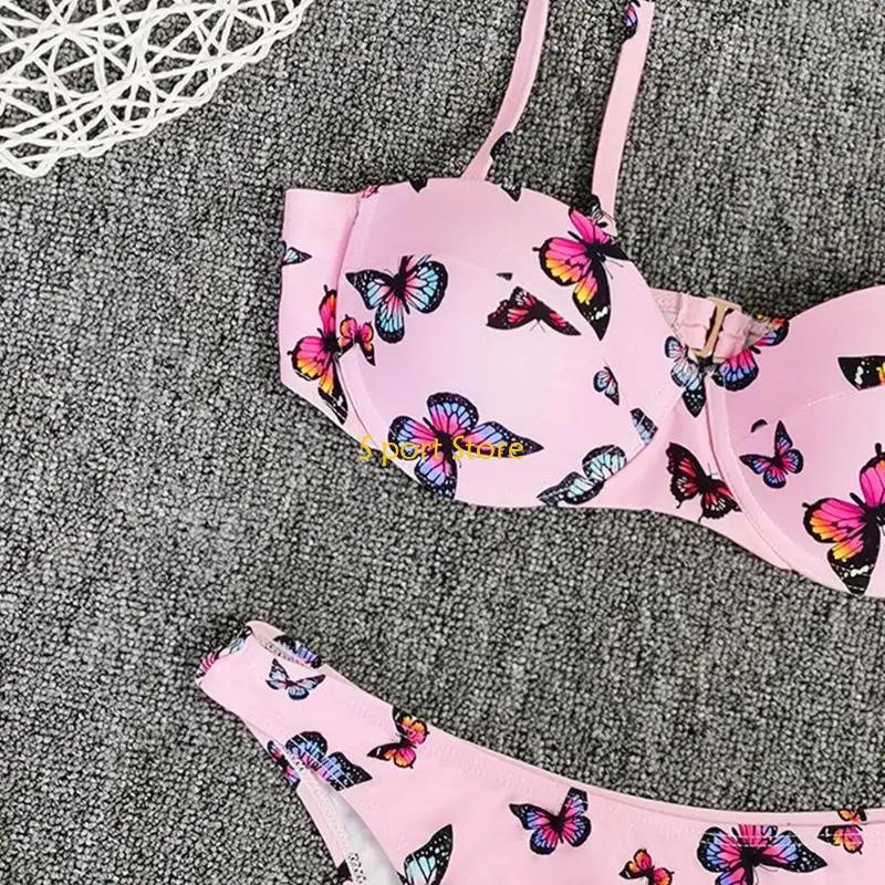 U2JB Women Sexy 2pcs Set for Butterfly Print Padded Underwire High Cut Swimsui