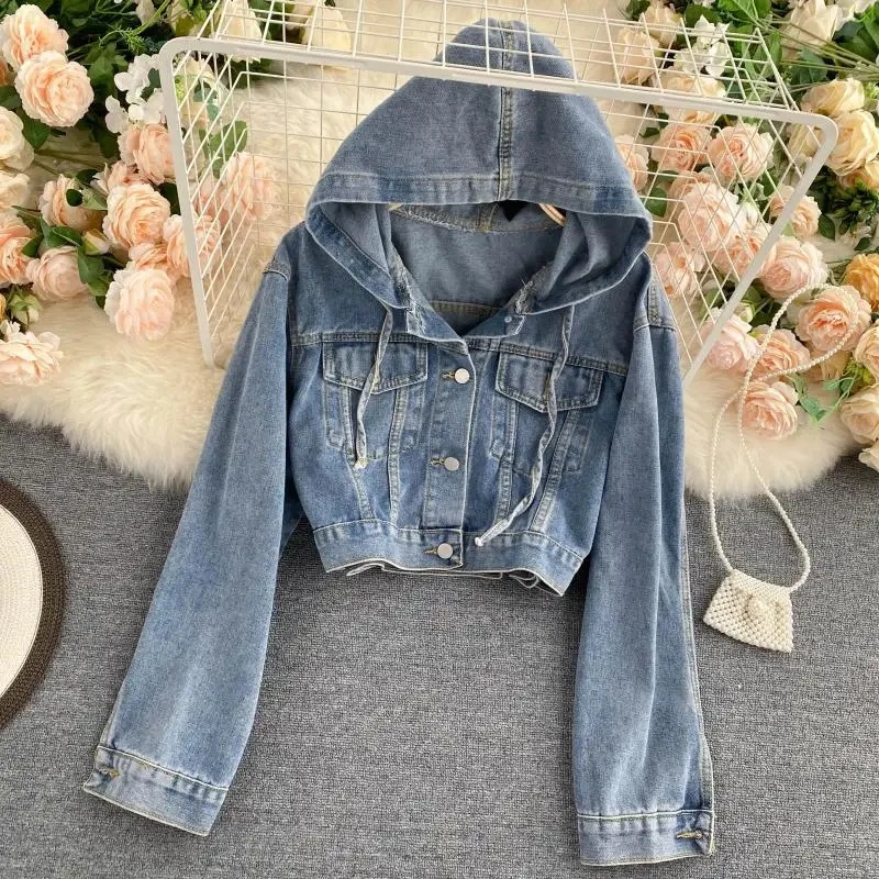 

Hooded Jean Autumn Outfit New Women's Casual Versatile Retro Denim Women's Short Top