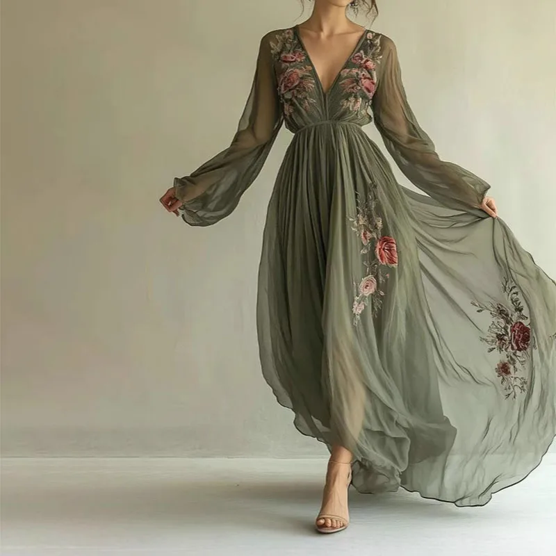 Seksowna sukienka maxi w stylu boho dla kobiet, długa sukienka letnia, wiosenna, z długim rękawem, plażowa sukienka letnia, kwiecista, z dekoltem w serek, sukienki maxi na imprezę, Vestidos