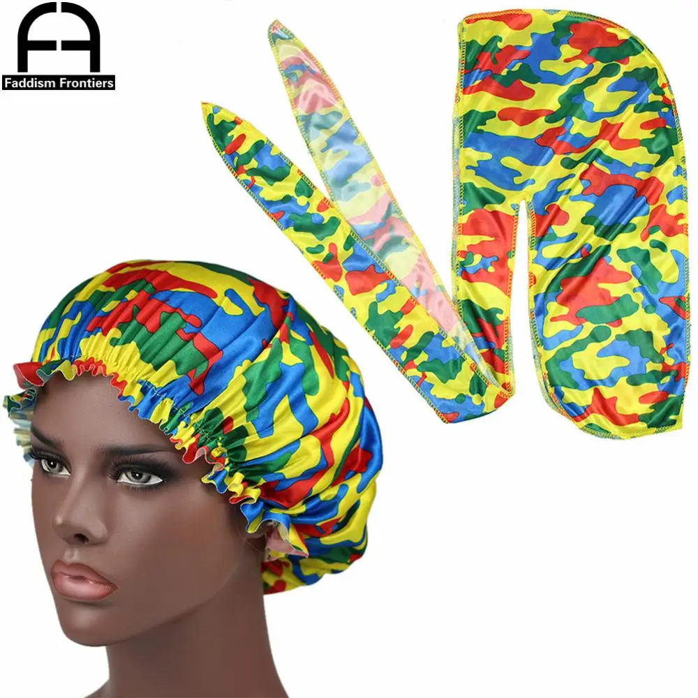 Camo Silky Durag Match Bonnet Women Camo Pattern Print Fabric Ankara Bonnets Sleeping Cap Ladies Turban