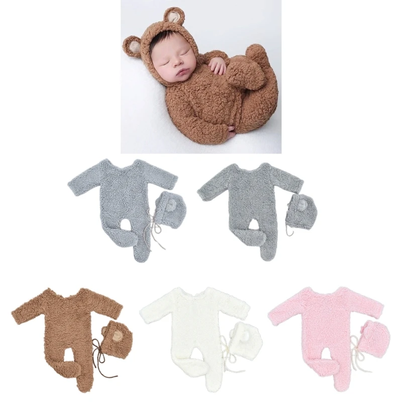 Newborn Photo Props Berber Fleece Costume Bear Ear Hat Baby Footed Romper Photo-Shooting Clothes Photostudio Props 2PCS