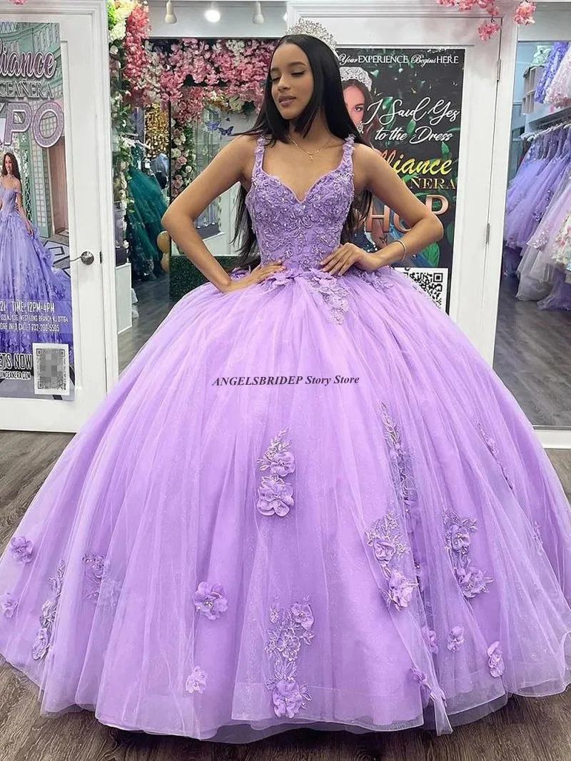 ANGELSBRIDEP-Vestido de baile frisado sem mangas, vestidos de aniversário princesa, vestidos lilás Quinceanera, apliques de renda, 2024