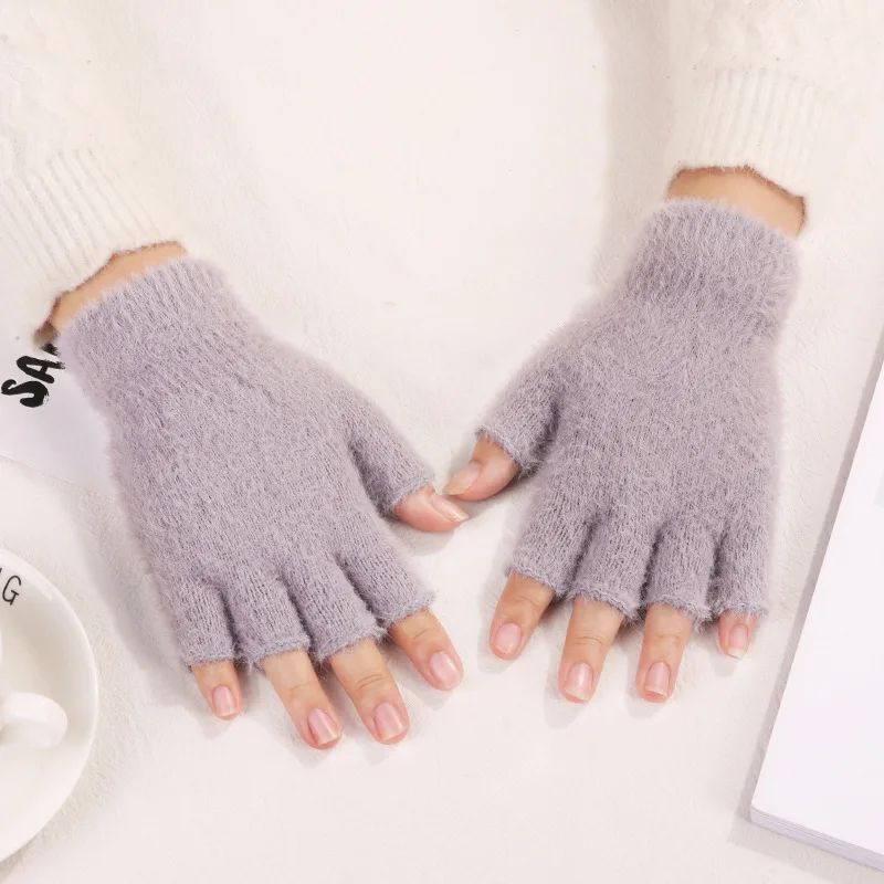 Guantes de punto cálidos para hombres y mujeres, medio dedo, Guantes Térmicos de felpa elásticos gruesos para oficina, escritura de adultos, Color sólido, invierno, otoño