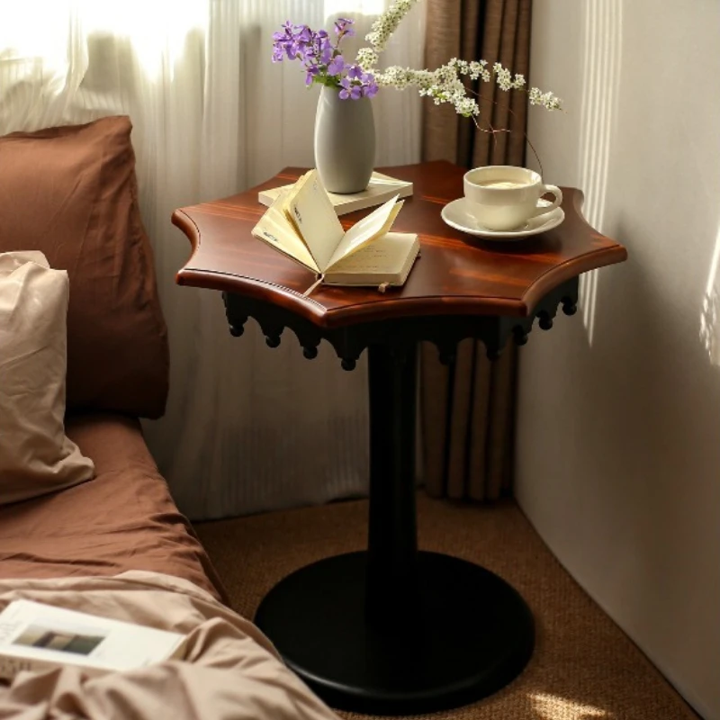 French-style Round Small Side Table for Balcony Mid-century Vintage Solid Wood Nightstand Living Room &Bedroom Furniture