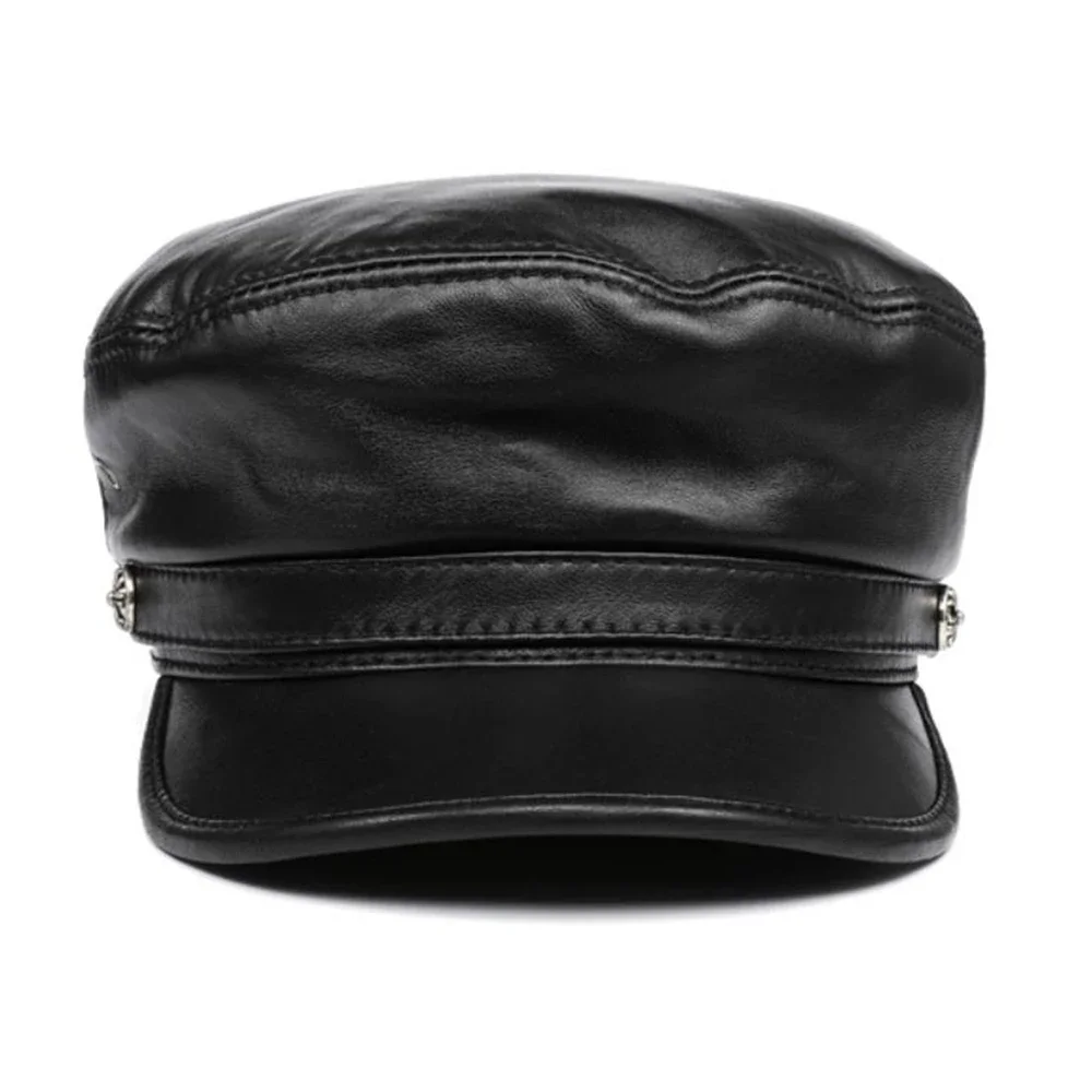 

Real Leather Black Fiddler Hat Winter Women Men Real Sheepskin Military Hat Genuine Leather Retro Ladies Baker Boy Cap Army Hat