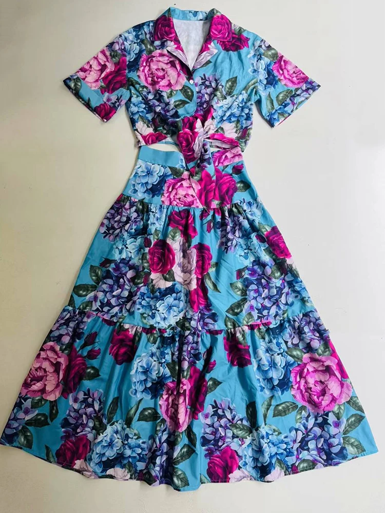 

Retro print lapel tie waist cinching short shirt two-piece set for 2025 summer women's wear+high waisted pleated loose skirt set