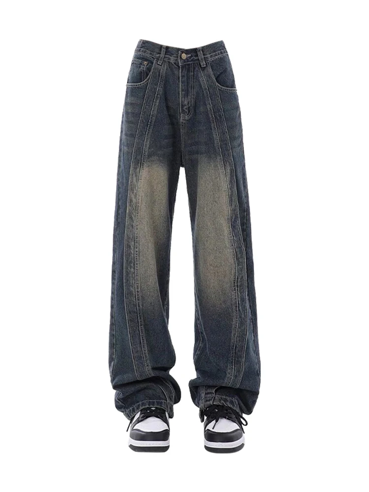 

Harajuku Fashion Blue Cotton Denim Jeans Baggy Full Length Wide Leg Pants High Street HipHop Straight Women Casual Streetwear