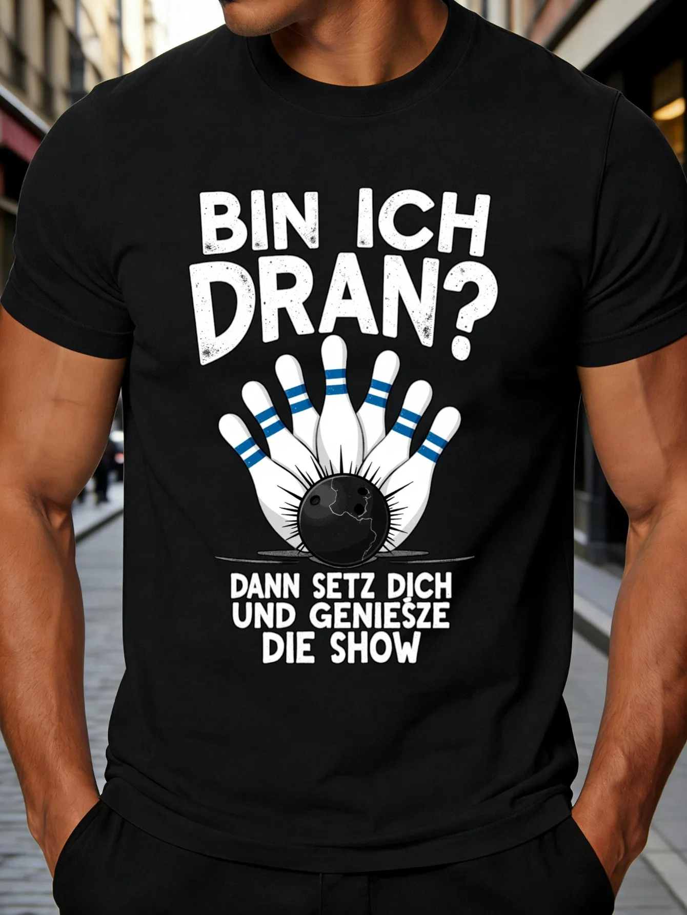 Casual Style Men's T-Shirt with Bowling Theme, Featuring German Text and Bowling Pin Graphics, Suitable for Everyday Wear and Fun Activities, Perfect Gift for Bowling Enthusiasts and Friends