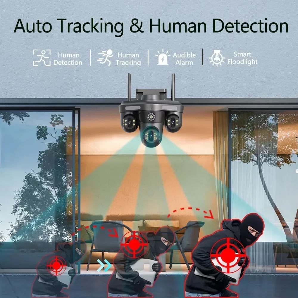 12mp 3 عدسة Cctv مراقبة كاميرا متحركة لاسلكية واي فاي PTZ 360 تتبع السيارات اتجاهين الصوت الداخلي IP كاميرا شبكة مراقبة في الهواء الطلق 4MP