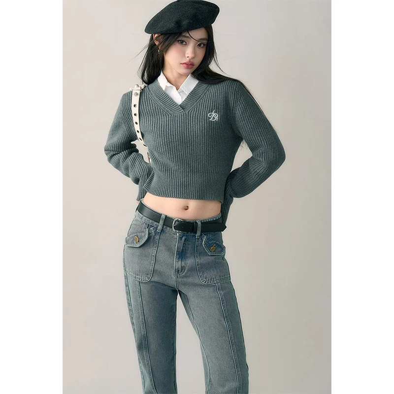 Harajuku Cropped Sweater Women Solid V Neck Knitted Pullovers Vintage Preppy Slim Knitwears Korean Basic Black Grey Jumper Tops