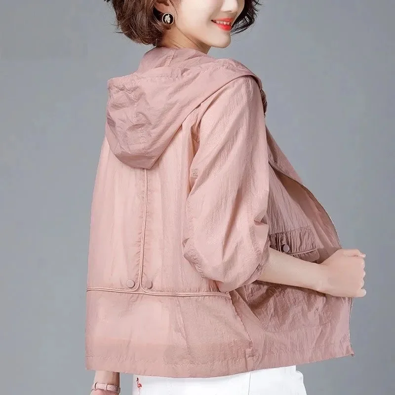 Nueva Chaqueta de Verano para Mujer con Capucha, Protección Solar, Ropa de Moda Casual, Cortavientos Delgado con Cremallera, Talla Única