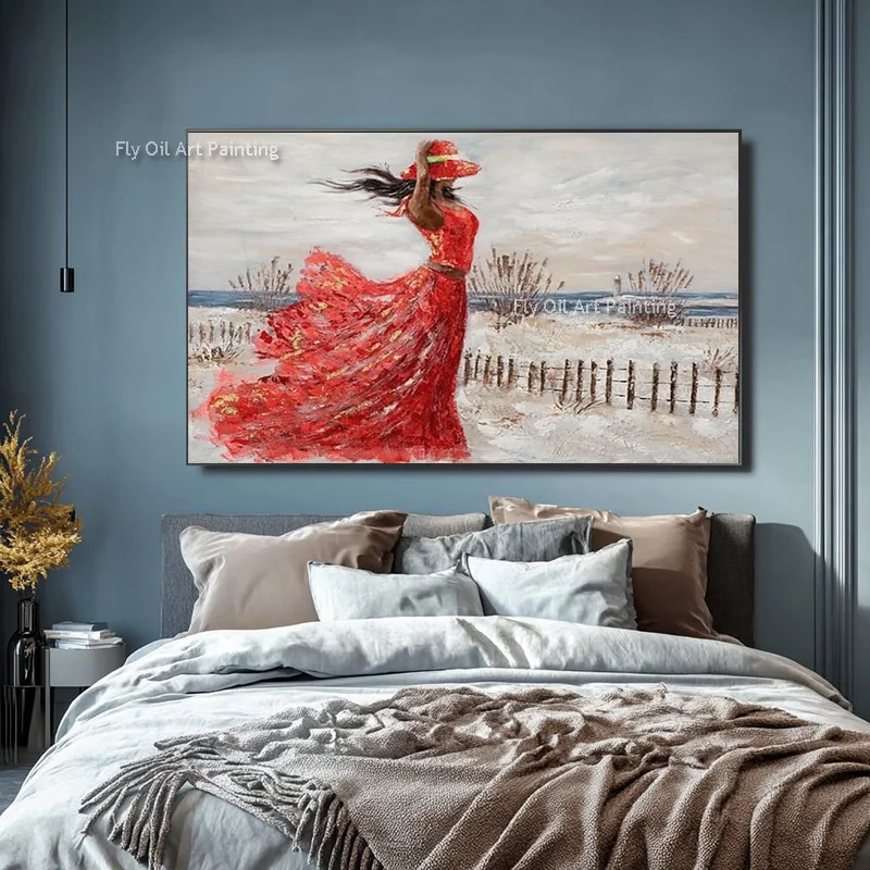 Beautiful Girl Wear Red Dress Canvas Artwork Decor Handmade New Fashional Design Black White Women Reading Book Oil Painting