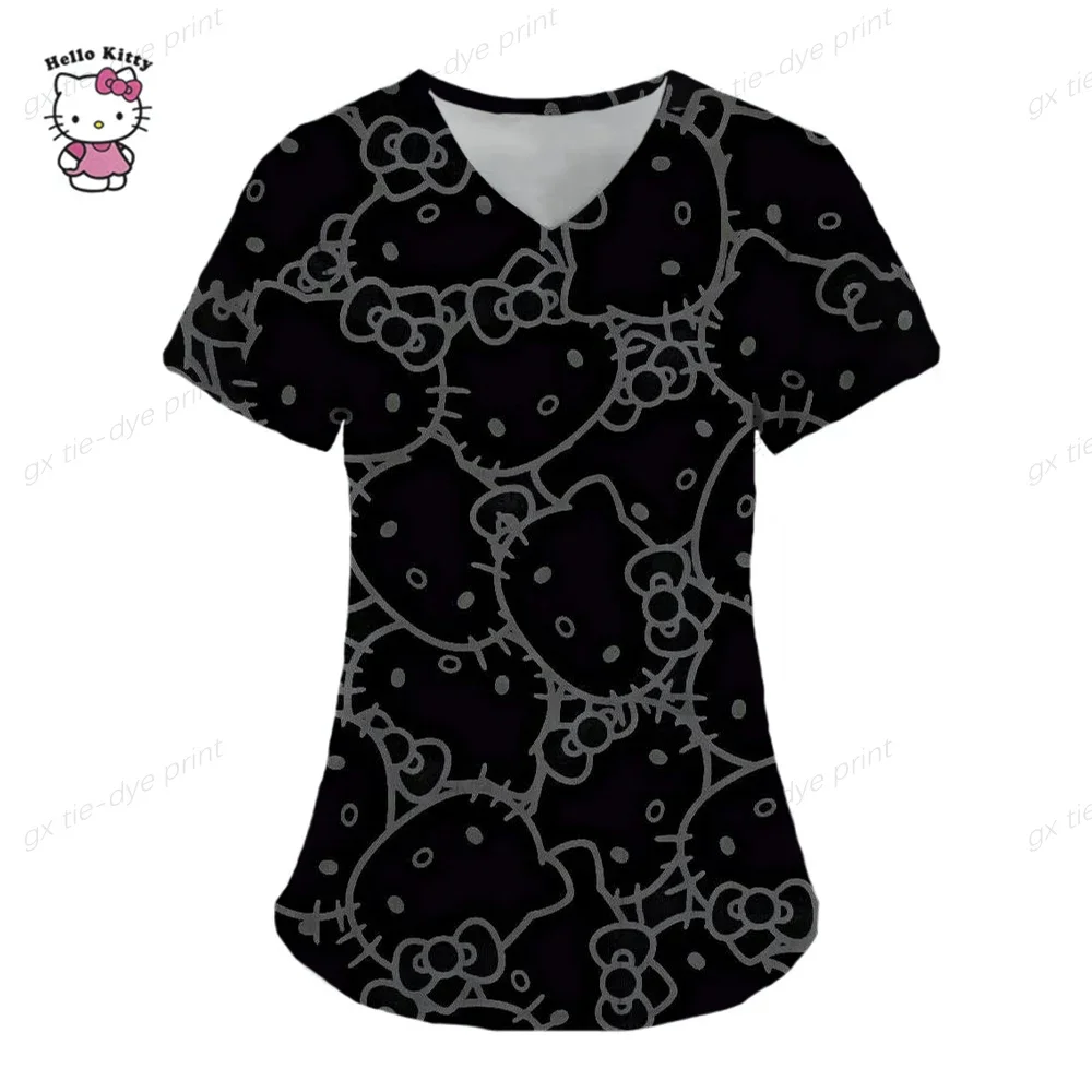 Cartoon Color Blocking Hello Kitty Printed Nurse Scrubs Women Nurse Uniform V-neck Clinic Uniform Hospital Spa pink y2k tops