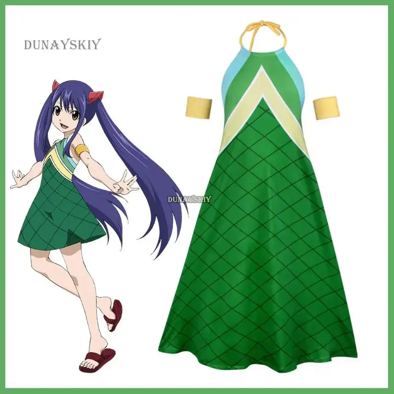 Wendy Marvell anime cosplay costume kids Green backless dress wig children adult girl kawaii Carnival party suit