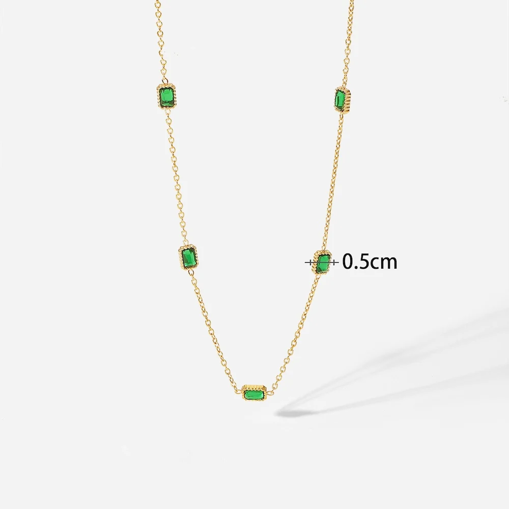 Retro 18k vergoldete Edelstahlkette mit einfachem grünem Kristall-Zirkon-Edelstein für Damen, Modeschmuck – Detail 6