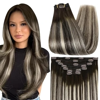 Full Shine Clip in Human Natural Hair Extensions 7 Pcs Balayage color Weave Clip in 100% Real Straight Hair for Women
