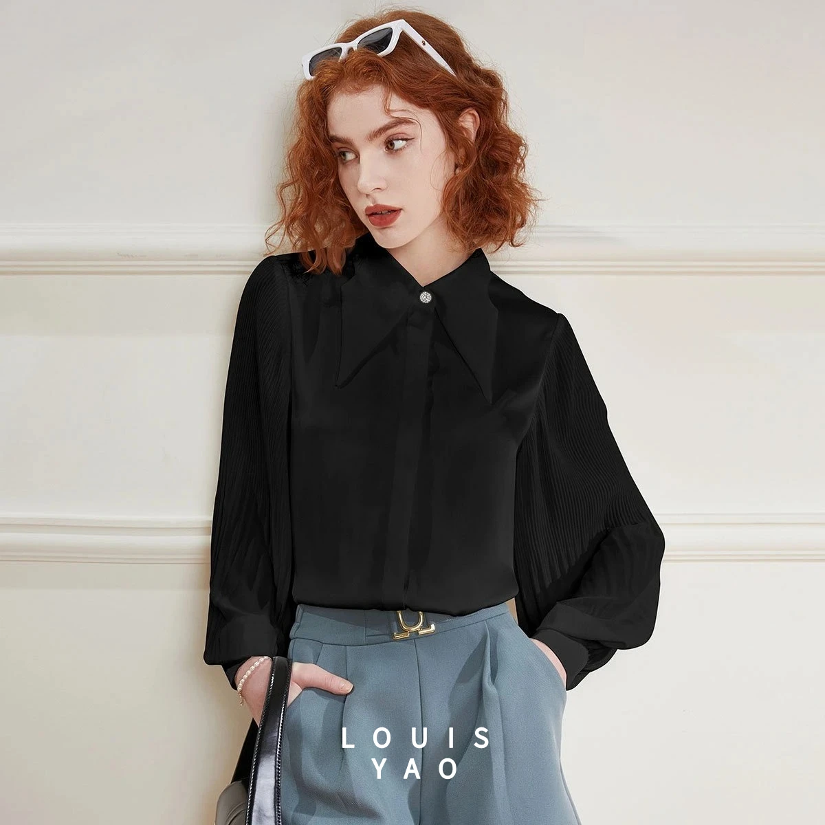 

LOUISYAO Butterfly Collar Shirt 2025 Spring/Autumn Pleated Long-Sleeve Blouses Solid-Color Commuter Women's Shirt