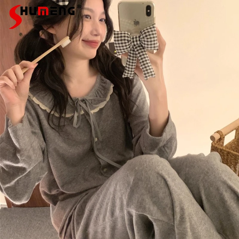 

High End Velvet Homewear Set Autumn Winter Gray Velvet Pajamas for Women Japanese Thickened Warm Lace Female Sleep Suits