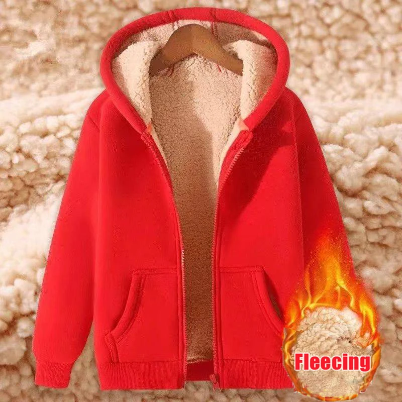 Fleece Sweatshirt Thickened Lamb Plush Hooded Zipper Cardigan Casual Solid Simple Red Top Long Sleeve Women Clothes Winter Loose