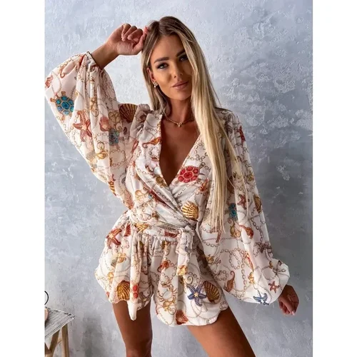 Imagen 2 del producto Conjunto de mono informal de talla S-2XL para mujer, mono con cinturón de manga larga estampado con cuello en V a la moda, conjunto de mono estilo selva Tropical