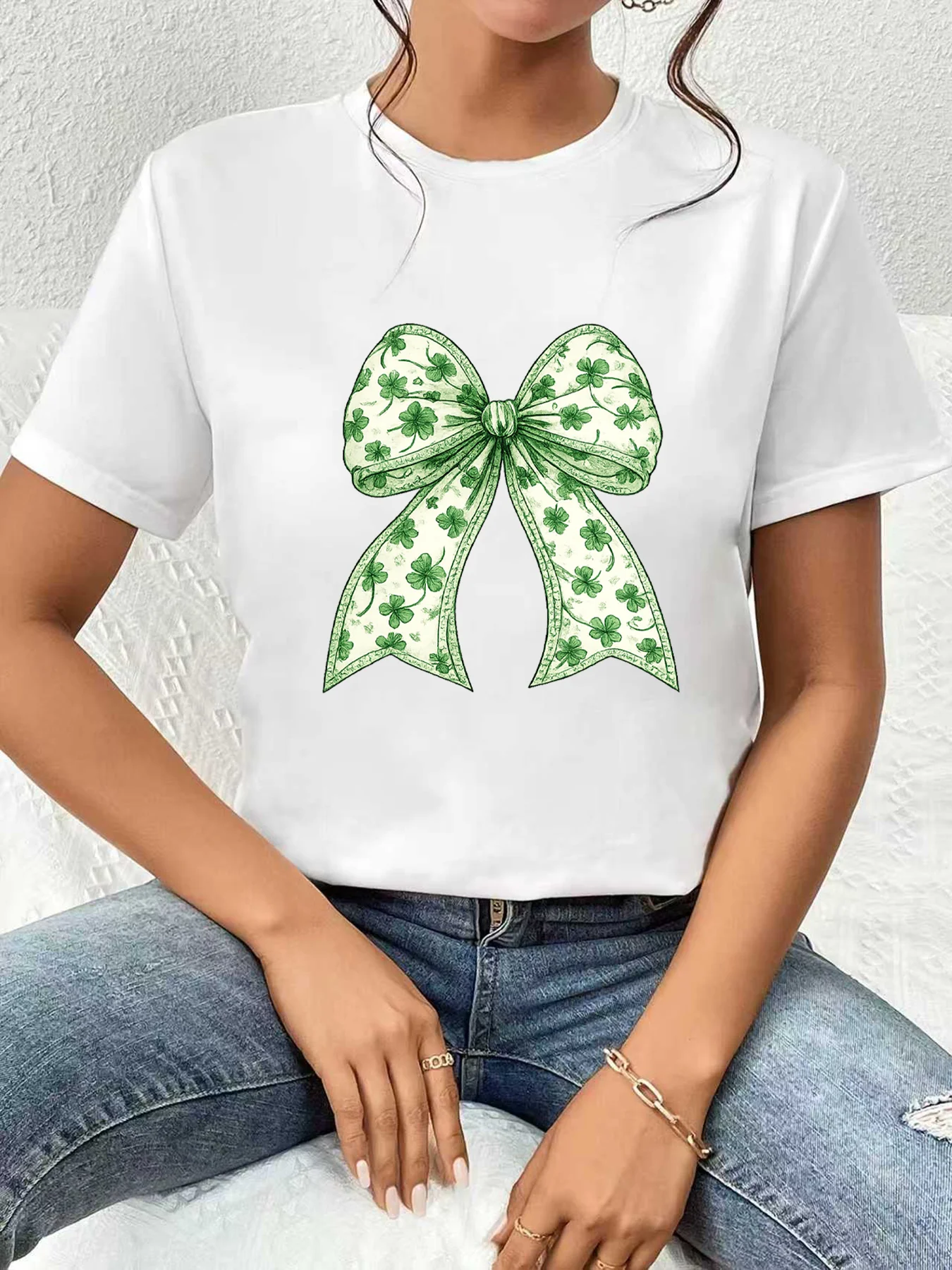 

【WDS03171】Plus size women's round neck short sleeve T-shirt with elastic half sleeves and trendy prints