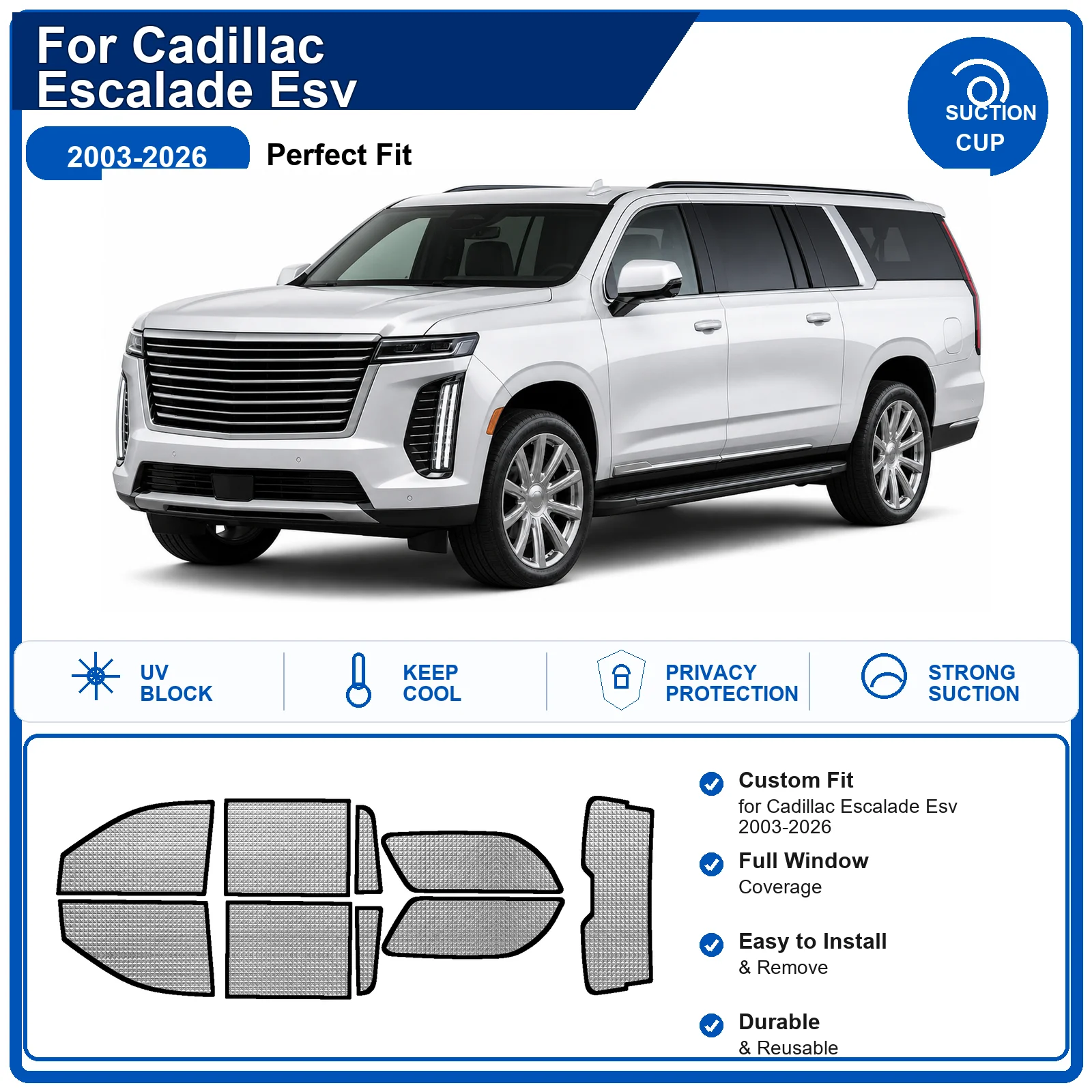 For Cadillac Escalade Esv 2003-2026 Custom Full Set Windshield Sun Shade Aluminum Foil Heat Insulation Anti UV Foldable