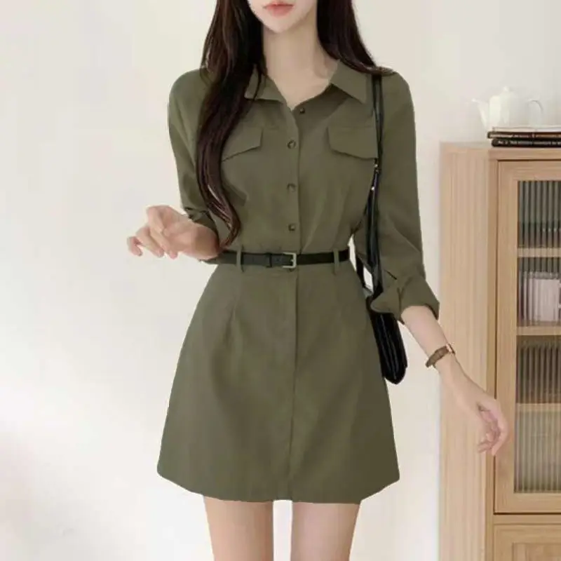 Women's Safari Style Mini Polo Dress 2025 Spring Autumn Lady Graceful Pure Color Slim Dresses with Waistbelt Black Clothing