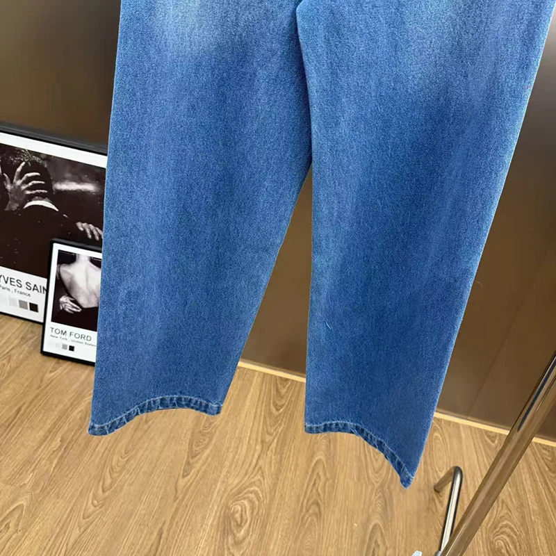 KBQ pantaloni causali larghi con diamanti impiombati solidi per donna a vita alta versatili jeans a gamba larga moda femminile stile invernale