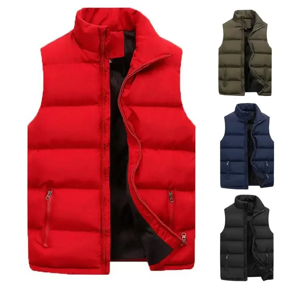 Popular Sleeveless Jacket Solid Color Plus Size Men Vest Jacket Warm Pockets Coat Waistcoat