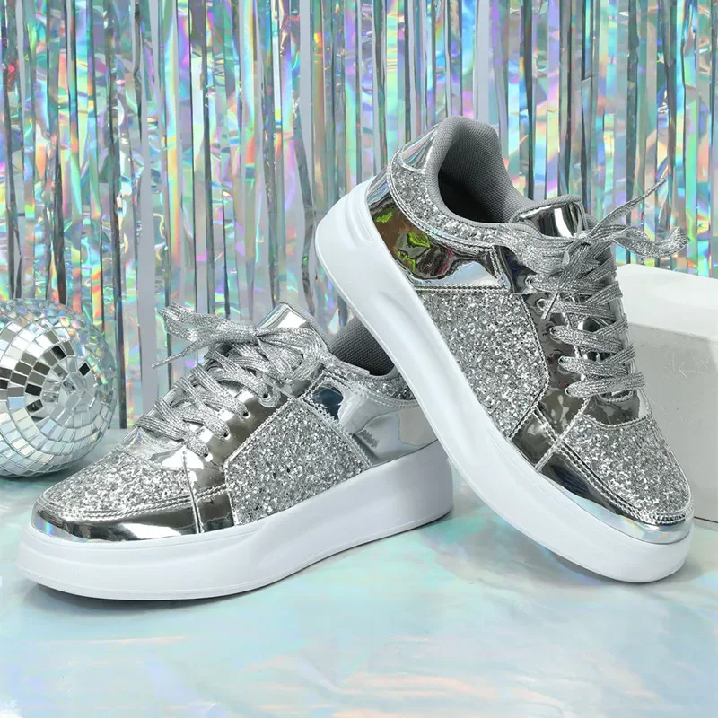 STRONGSHEN Women Sneakers Shining Glitter Casual Fashion Platform Trainers Couple Silver Walk Shoes Tenis Feminino Shoes Unisex