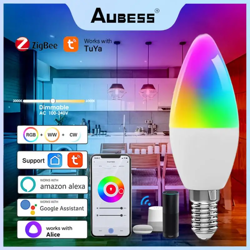 Aubess Tuya Zigbee 3.0 E14 Candle RGB LED Light Bulb 100-240V Smart Dimmable Lamp Work With Alexa Lamp Google Home Yandex Alice