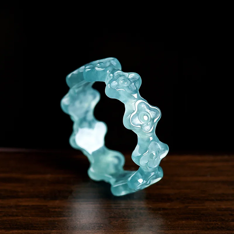 Natürlicher Myanmar Jadeit Kleeblatt-Ring Echte Jade-Schmuckstücke Geschnitztes Vintage-Amulett Talisman Luxuriöse Geschenke für Frauen