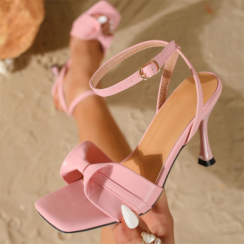 

Liyke New Fashion Pleated Butterfly Knot Narrow Band Gladiator Sandals Women Thin High Heels Elegant Square Toe Ankle Strap Shoe