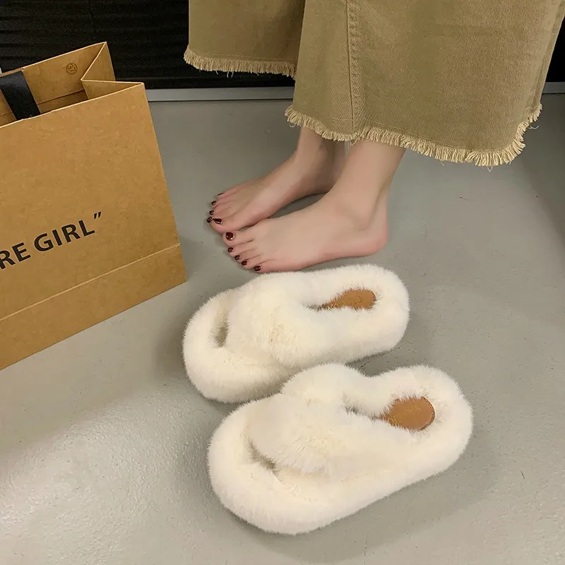 Home Slippers Women's Flock Fur Shoes Slides Fashion Pantofle Platform Massage Soft Plush Luxury 2024  Shoes Women Massage Slipp