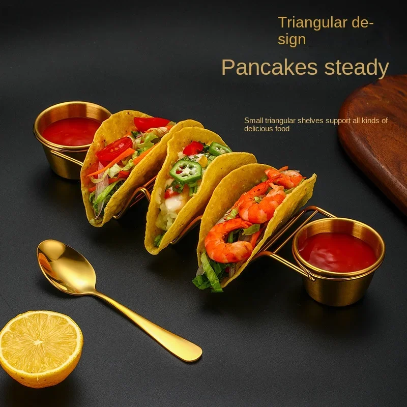 Estante para panqueques de acero inoxidable para restaurante mexicano, soporte para tacos y rollos de primavera, soporte de exhibición para Pizza con 2 uds., taza para salsa y 1 cuchara de postre