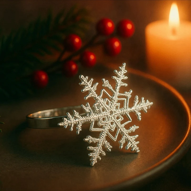 12-Piece Christmas Snowflake Napkin Rings Set with Rhinestone Accents for Holiday Table Decorations Retail