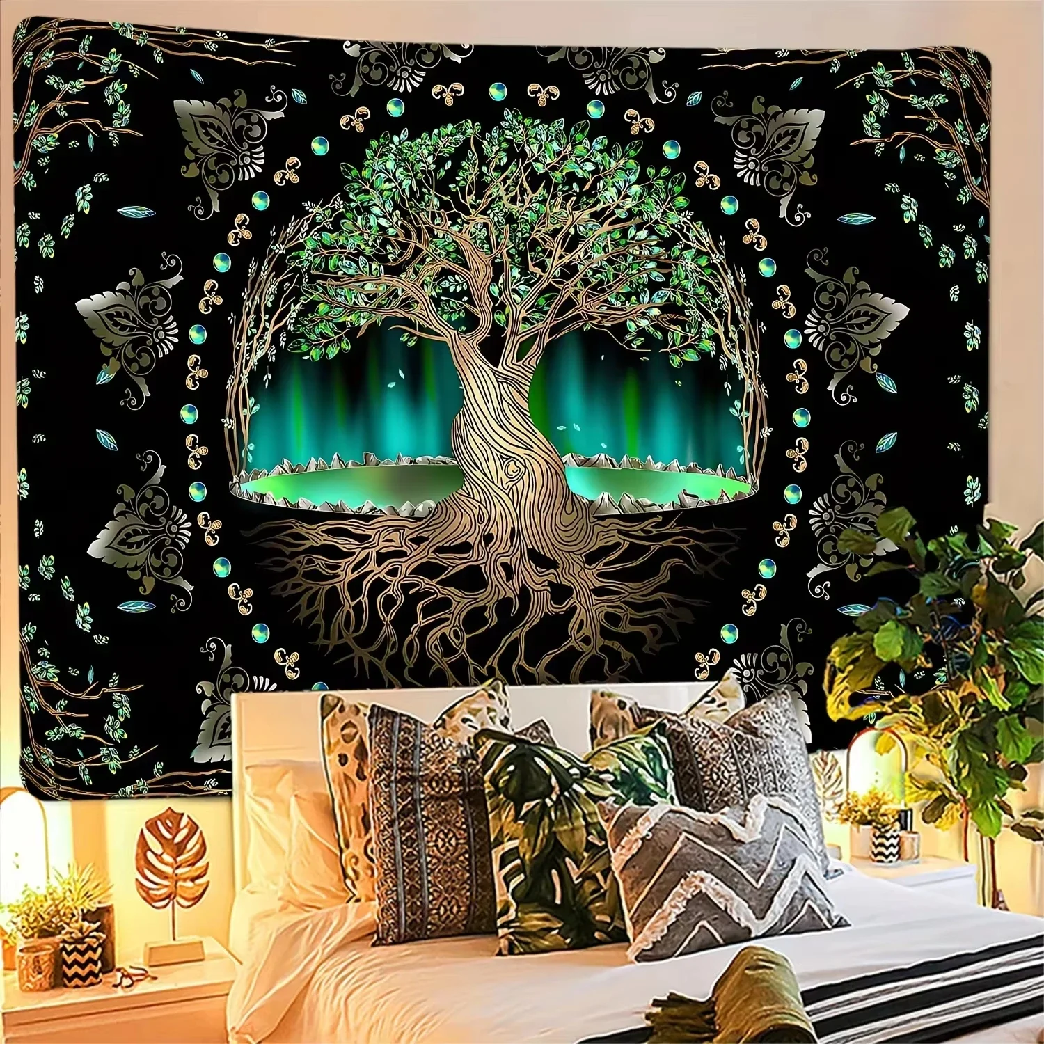 

VIKAMA Aurora Tree of Life Tapestry Starry Sky Spiritual Retreat Meditation Space Tree Pattern Wall Hanging for Themed Room Dec