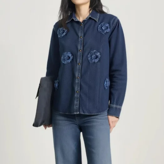 

Women's Denim Shirt Light Blue Long Sleeve Button Down Blouse With 3D Floral Appliques Casual Loose Fit Top Chic Shirts
