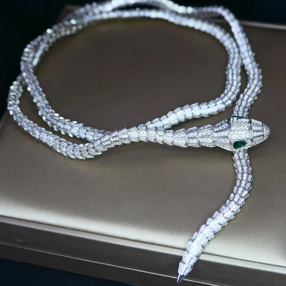Collar de Serpiente de Doble Capa con Piedras de Circonio y Diamantes Verdes o Blancos, Chapado en Oro de 18K, Joyería de Diseño de Lujo para Mujer