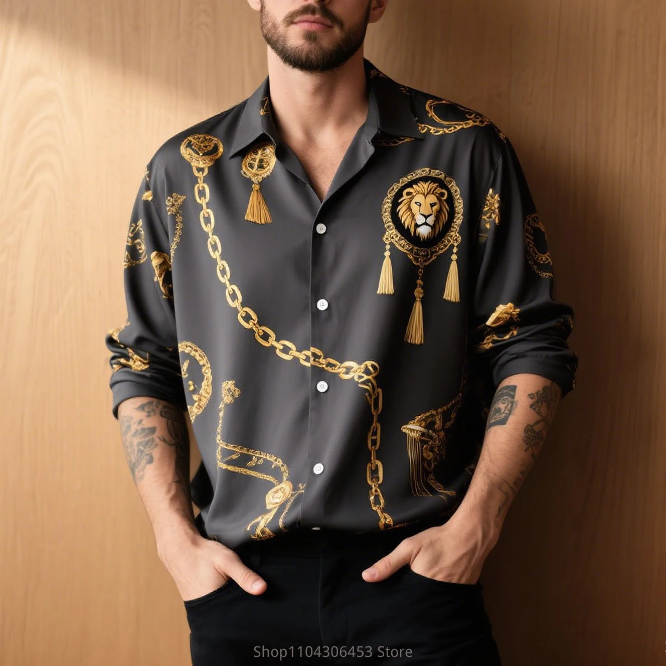 الرجال نمط جديد الأسد الرجعية سلسلة تكبل 3D قميص مطبوع بأكمام طويلة ساحة طوق لينة ومريحة النسيج الأعمال عارضة